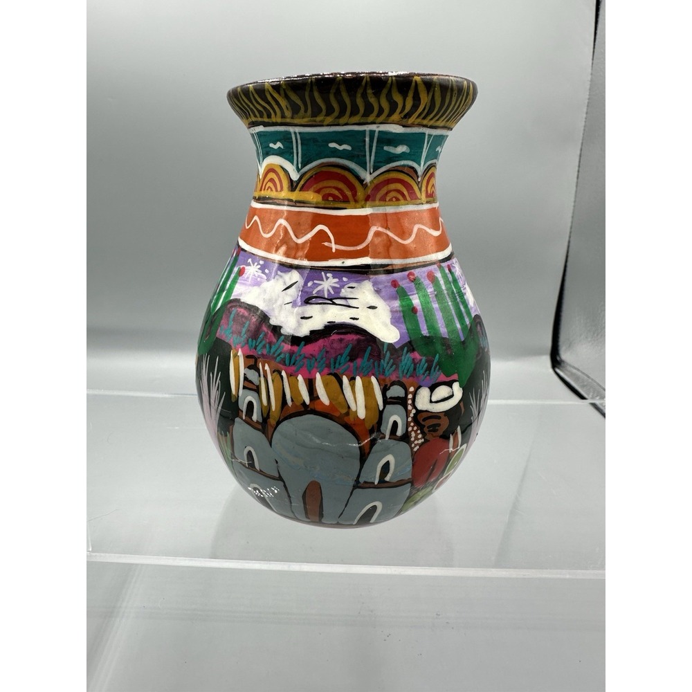 Vtg Terracotta Pottery Mexico Folk Art Vase Colorful Hand painted Wedding Vase